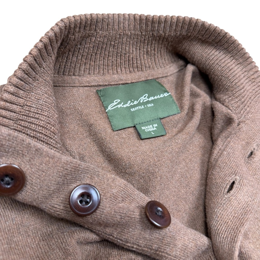 Eddie Bauer Mens Brown Mock Neck 4 Button Pullover Sweater Size L Large Cashmere
